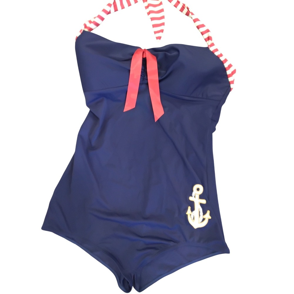Cocoship‎ Womens Navy Blue Nautical Anchor One Piece Swimsuit Red Striped 3XL